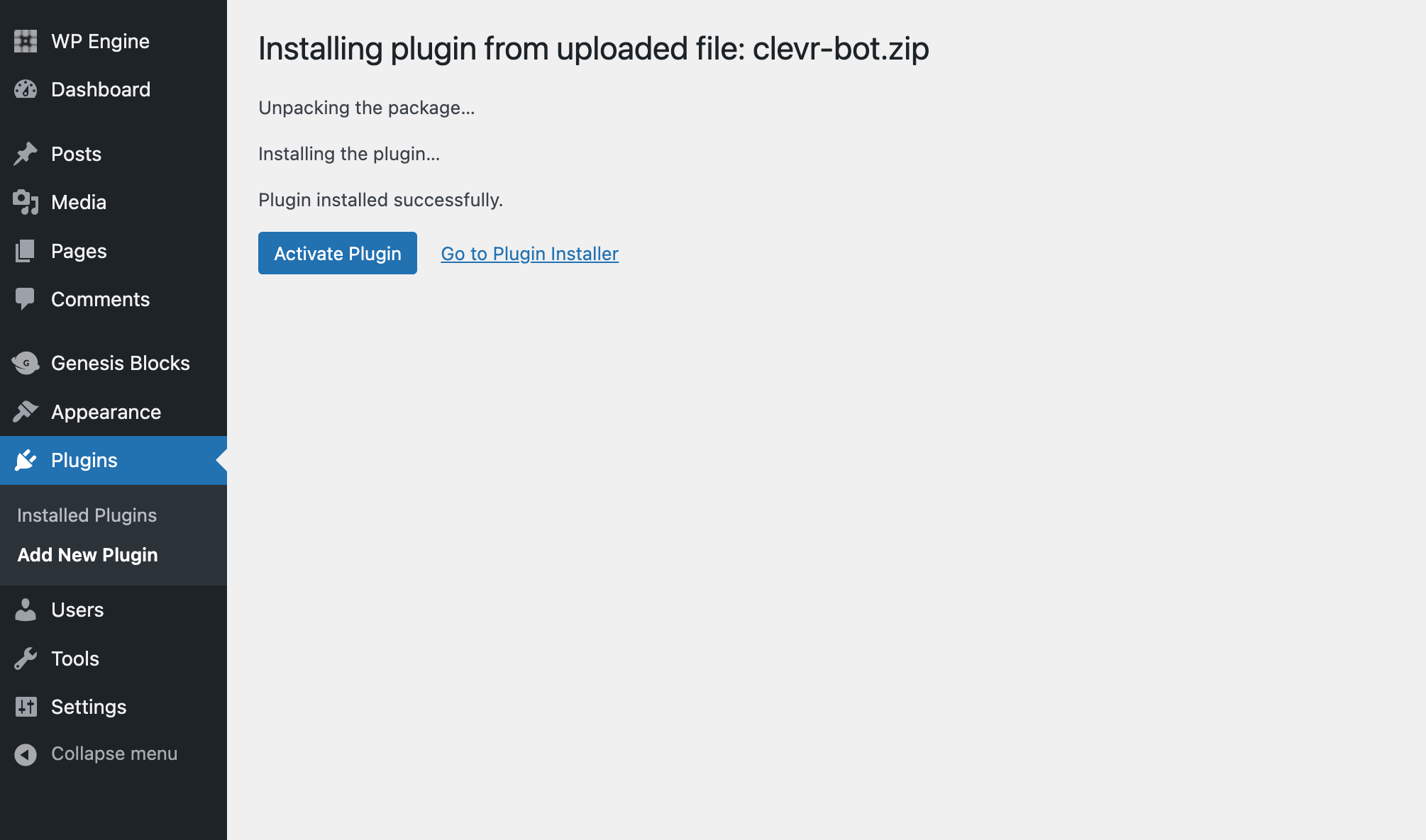 The plugin installation procedure with the text “Plugin installed successfully” at the end of the steps.