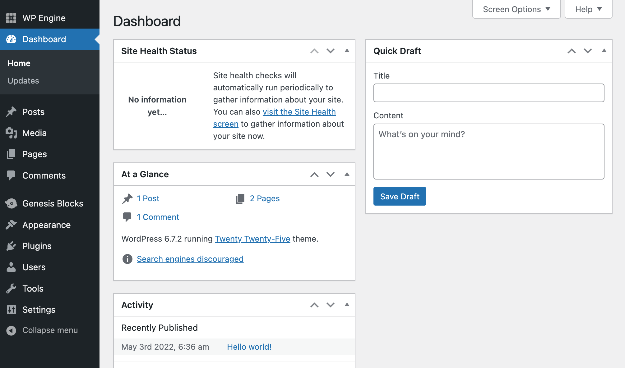 The WordPress dashboard page on an example WordPress site.